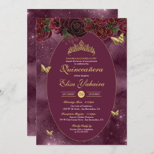 Invitation Burgundy Red Gold Luxury Butterfly Quinceanera