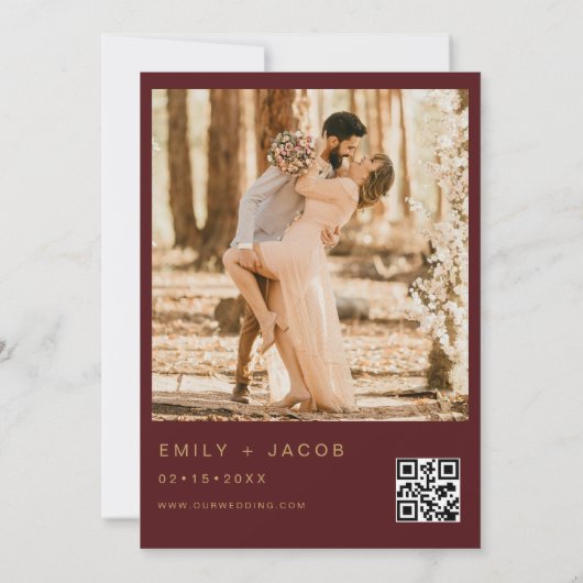 Invitation Burgundy Red Gold Mariage QR Code Photo (Dos)