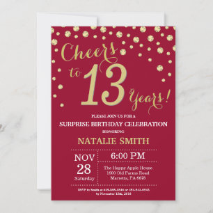 Invitation Burgundy Red Gold Surprise 13e Anniversaire Diamon