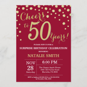 Invitation Burgundy Red Gold Surprise 50e Anniversaire Diamon