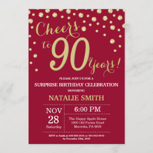 Invitation Burgundy Red Gold Surprise 90e Anniversaire Diamon