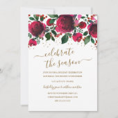 Invitation Burgundy Red Green Gold Fête de Noël Florale (Devant)