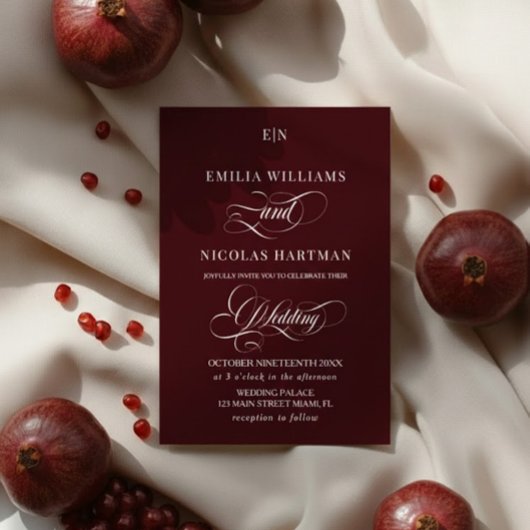 Invitation Burgundy Red Monogram Romantic Wedding