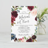 Invitation Burgundy Red Navy Blue Floral Boho Mariage (Debout devant)