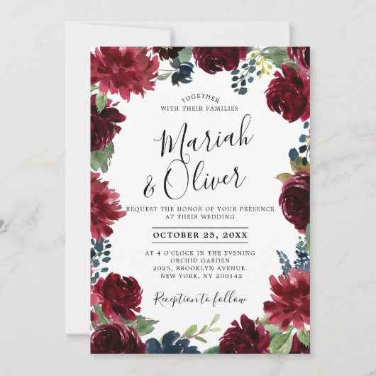Invitation Burgundy Red Navy Blue Floral Boho Mariage (Devant)