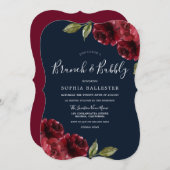 Invitation Burgundy Red & Navy Brunch & Bubbly Fête des marié (Devant / Derrière)