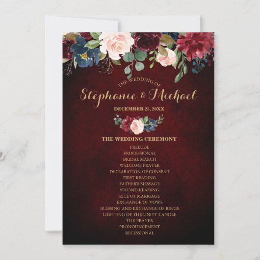 Invitation Burgundy Red Navy Floral Russe Boho Fan avant (Devant)