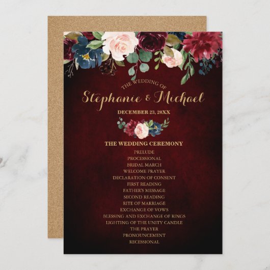 Invitation Burgundy Red Navy Floral Russe Boho Fan avant (Devant / Derrière)