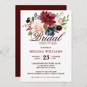 Invitation Burgundy Red Navy Floral Rustic Boho Fête des mari