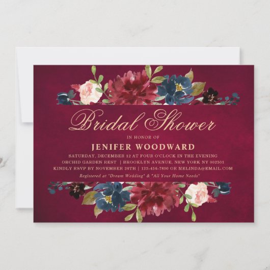 Invitation Burgundy Red Navy Floral Rustic Boho Fête des mari (Devant)