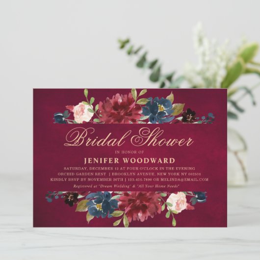 Invitation Burgundy Red Navy Floral Rustic Boho Fête des mari (Debout devant)