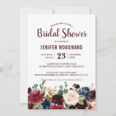 Invitation Burgundy Red Navy Floral Rustic Boho Fête des mari (Devant)