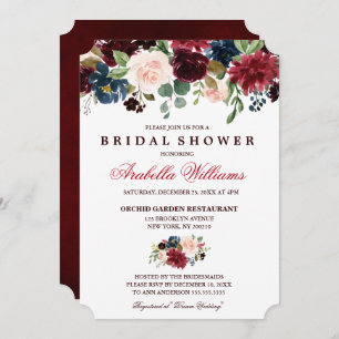 Invitation Burgundy Red Navy Floral Rustic Boho Fête des mari