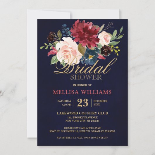 Invitation Burgundy Red Navy Floral Rustic Boho Fête des mari (Devant)