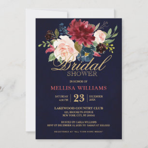 Invitation Burgundy Red Navy Floral Rustic Boho Fête des mari
