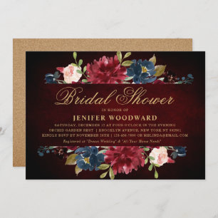 Invitation Burgundy Red Navy Floral Rustic Boho Fête des mari
