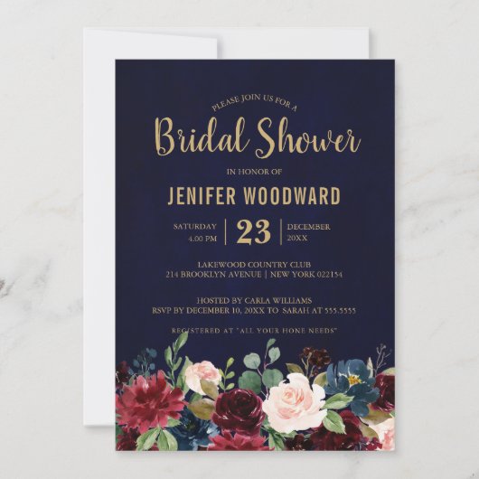 Invitation Burgundy Red Navy Floral Rustic Boho Fête des mari (Devant)