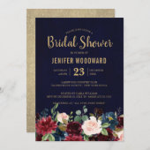 Invitation Burgundy Red Navy Floral Rustic Boho Fête des mari (Devant / Derrière)