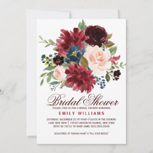 Invitation Burgundy Red Navy Floral Rustic Boho Fête des mari