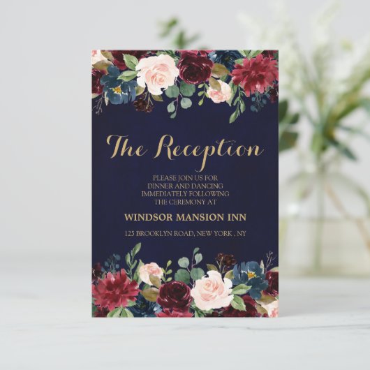 Invitation Burgundy Red Navy Floral Rustic Boho Réception (Debout devant)