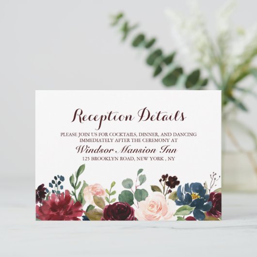 Invitation Burgundy Red Navy Floral Rustic Boho Réception (Debout devant)