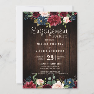 Invitation Burgundy Red Navy Floral Wooden Engagement Party