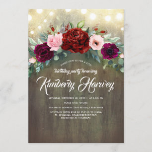 Invitation Burgundy Red Peony Garland Rustique Anniversaire