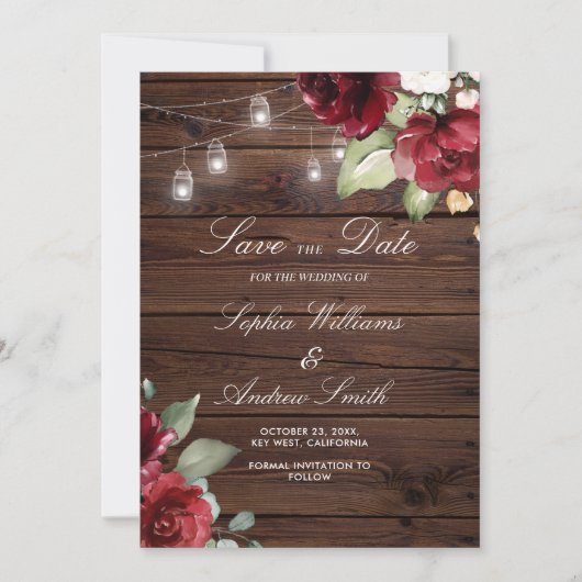 Invitation Burgundy Red Rose Rustic Wood SAVE la Date (Devant)