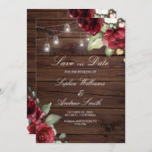 Invitation Burgundy Red Rose Rustique Bois SAVE la Date (Devant / Derrière)