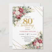 Invitation Burgundy red roses 80th birthday invite greenery (Devant)