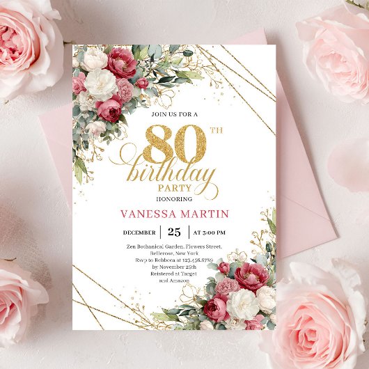 Invitation Burgundy red roses 80th birthday invite greenery