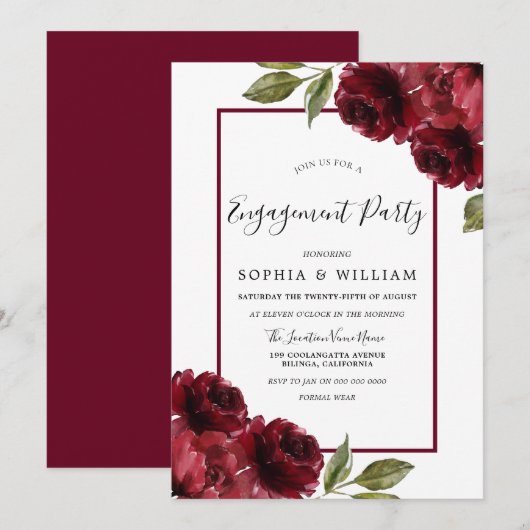 Invitation Burgundy Red Roses Parti d'engagement moderne (Devant / Derrière)