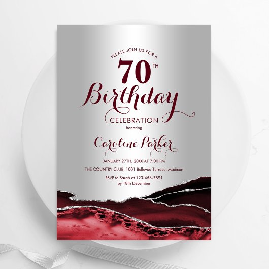 Invitation Burgundy Red Silver Agate 70e fête d'anniversaire