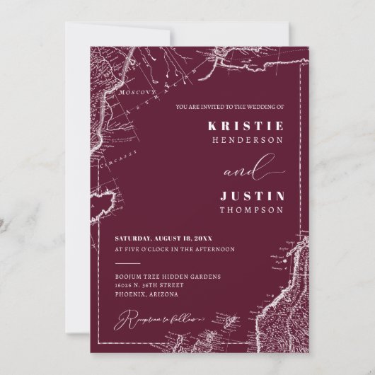 Invitation Burgundy Retro Voyage QR Code Mariage photo (Devant)