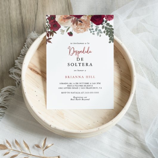 Invitation Burgundy Rose Blush Floral Fête des mariées espagn