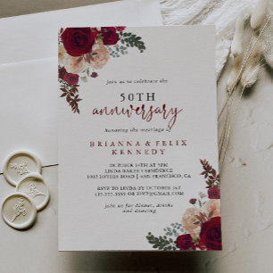 Invitation Burgundy Rose Floral 50e Anniversaire de Mariage 