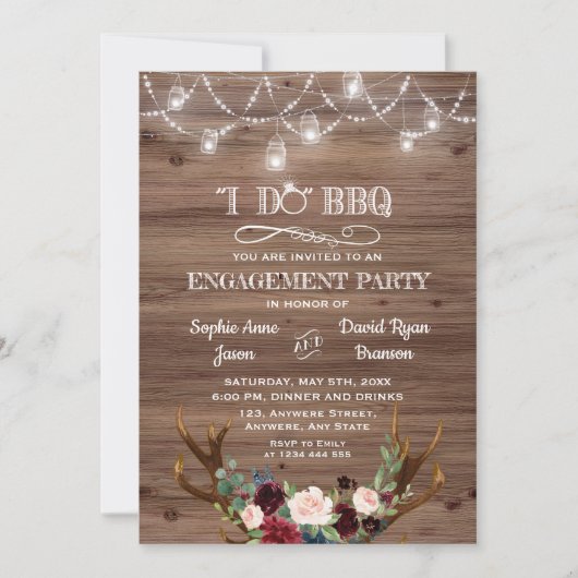 Invitation Burgundy Rose Floral Antlers I DO BBQ Fiançailles (Devant)