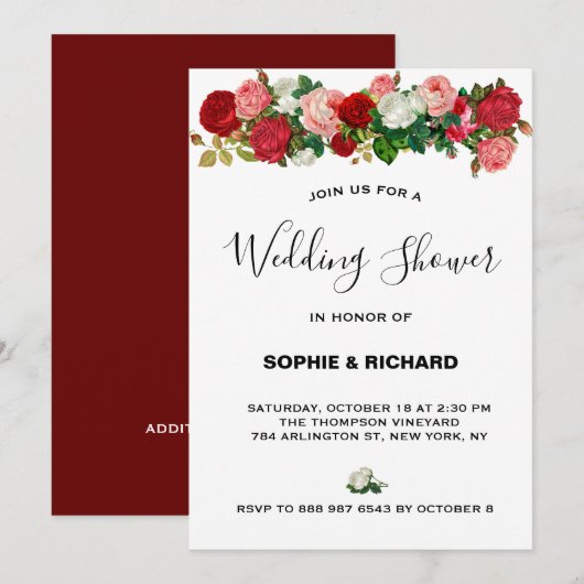 INVITATION BURGUNDY ROSE FLORAL GARLAND FLOWER MARIAGE SHOWE (Devant / Derrière)