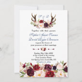 Invitation Burgundy Rose Floral Navy Antlers Monogram Mariage (Devant)