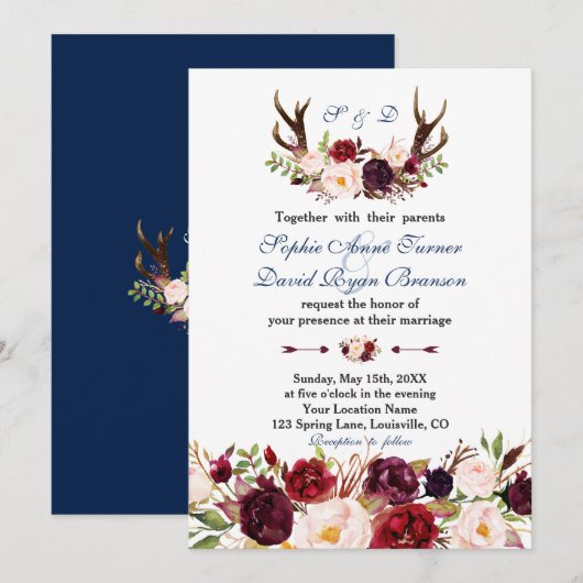 Invitation Burgundy Rose Floral Navy Antlers Monogram Mariage (Devant / Derrière)