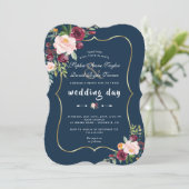 Invitation Burgundy rose Floral or Mariage bleu marine (Debout devant)