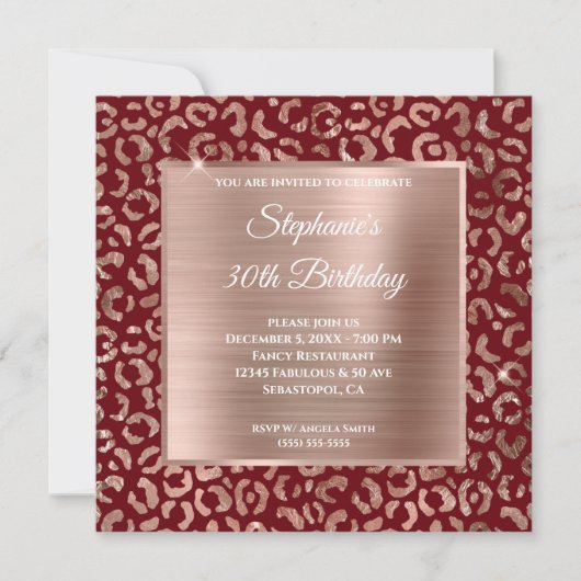 Invitation Burgundy Rose Gold Foil Leopard Glam 30e anniversa (Devant)