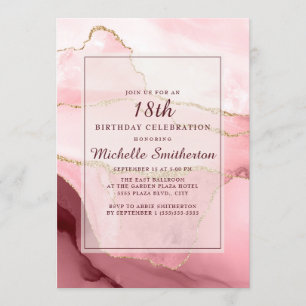 Invitation Burgundy Rose Or Marbre Agate 18e Anniversaire