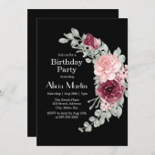 Invitation Burgundy Rose rose élégant Flora fête d'anniversai (Devant / Derrière)