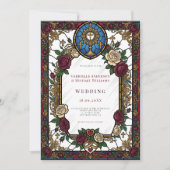 Invitation Burgundy Rose Stained Glass Catholic Wedding (Devant)