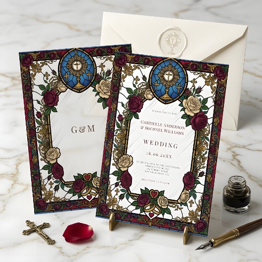 Invitation Burgundy Rose Stained Glass Catholic Wedding