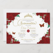 Invitation Burgundy Roses Rouges Florales Papillon Quinceaner (Devant)