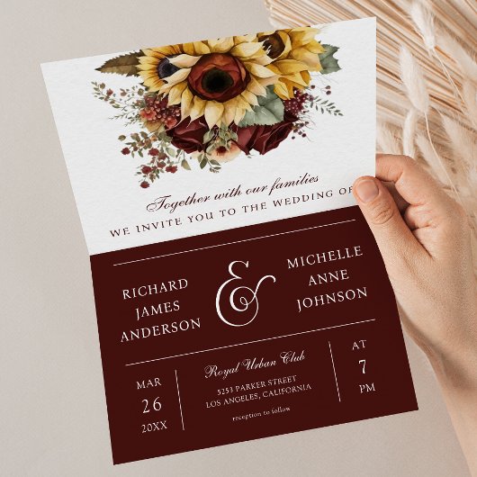 Invitation Burgundy Roses Sunflowers QR Code Wedding