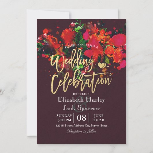 Invitation Burgundy Rouge Aquarelle Floral Mariage Script or (Devant)