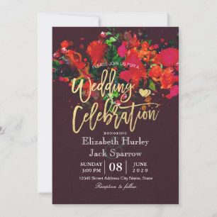 Invitation Burgundy Rouge Aquarelle Floral Mariage Script or